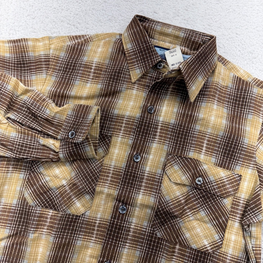 NWT Vintage Sears Fieldmaster Plaid Flannel Shirt Mens M Brown Perma-Prest USA
